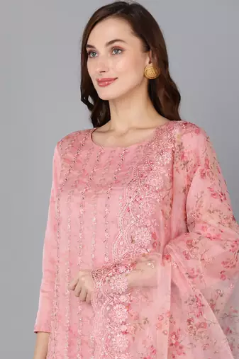 peach color embroidered organza styles kurta trouser with dupatta