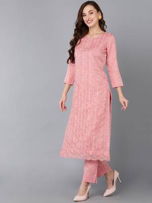 peach color embroidered organza styles kurta trouser with dupatta 3