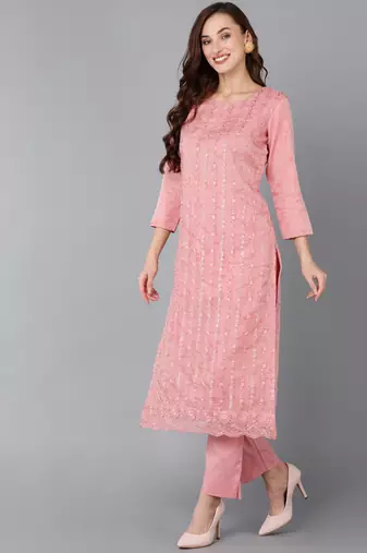 peach color embroidered organza styles kurta trouser with dupatta