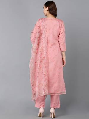 peach color embroidered organza styles kurta trouser with dupatta 4