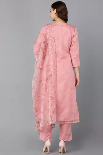peach color embroidered organza styles kurta trouser with dupatta