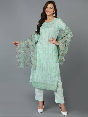 sea green color embroidered organza styles kurta trouser with dupatta 1
