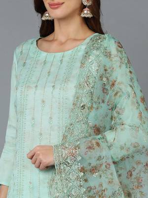 sea green color embroidered organza styles kurta trouser with dupatta 2