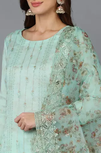 sea green color embroidered organza styles kurta trouser with dupatta