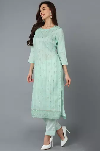 sea green color embroidered organza styles kurta trouser with dupatta