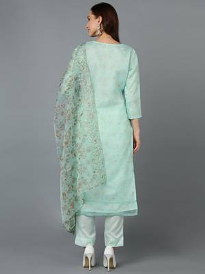 sea green color embroidered organza styles kurta trouser with dupatta 4