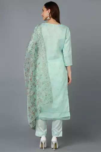 sea green color embroidered organza styles kurta trouser with dupatta