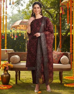 brown color embroidered organza styles kurta trouser with dupatta 2