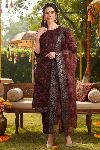 brown color embroidered organza styles kurta trouser with dupatta