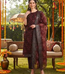 brown color embroidered organza styles kurta trouser with dupatta