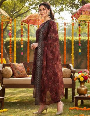 brown color embroidered organza styles kurta trouser with dupatta 1