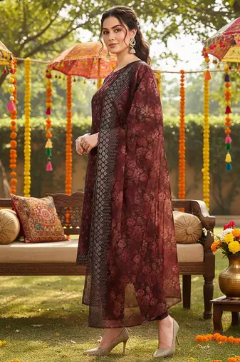 brown color embroidered organza styles kurta trouser with dupatta