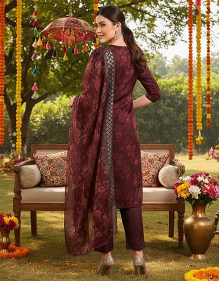 brown color embroidered organza styles kurta trouser with dupatta 3