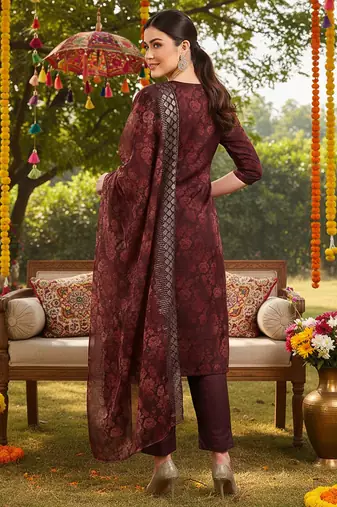 brown color embroidered organza styles kurta trouser with dupatta
