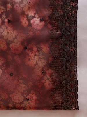 brown color embroidered organza styles kurta trouser with dupatta 5