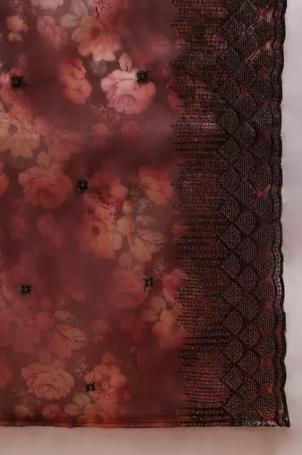 brown color embroidered organza styles kurta trouser with dupatta