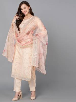 peach color woven design organza styles kurta trouser with dupatta 1