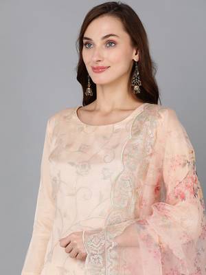 peach color woven design organza styles kurta trouser with dupatta 2
