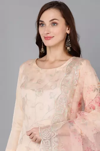 peach color woven design organza styles kurta trouser with dupatta