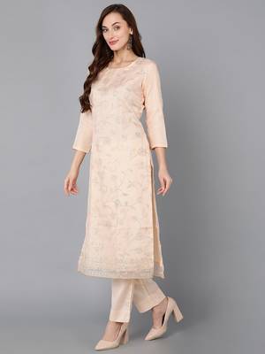 peach color woven design organza styles kurta trouser with dupatta 3