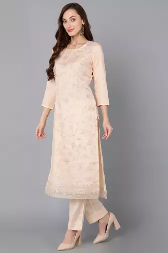 peach color woven design organza styles kurta trouser with dupatta