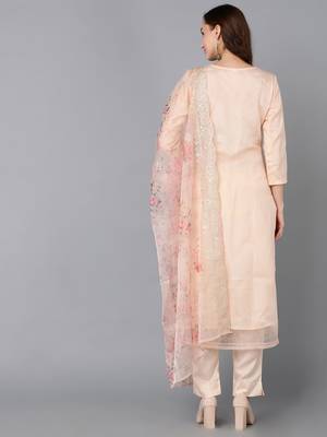 peach color woven design organza styles kurta trouser with dupatta 4