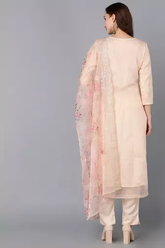 peach color woven design organza styles kurta trouser with dupatta