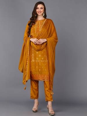 mustard color woven design silk blend styles kurta trouser with dupatta 1
