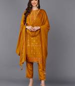 mustard color woven design silk blend styles kurta trouser with dupatta