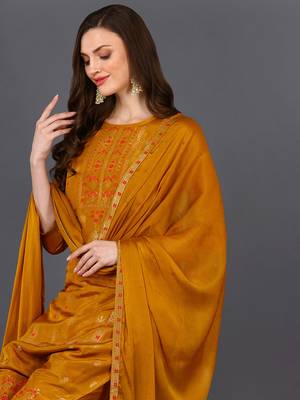 mustard color woven design silk blend styles kurta trouser with dupatta 2