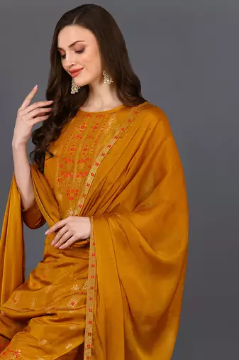 mustard color woven design silk blend styles kurta trouser with dupatta