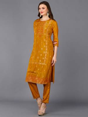 mustard color woven design silk blend styles kurta trouser with dupatta 3