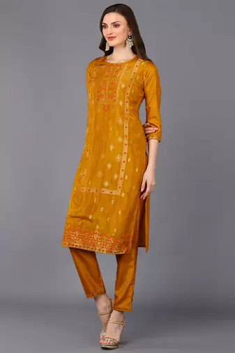 mustard color woven design silk blend styles kurta trouser with dupatta