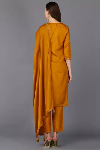mustard color woven design silk blend styles kurta trouser with dupatta
