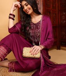 purple color embroidered silk blend styles kurta trouser with dupatta