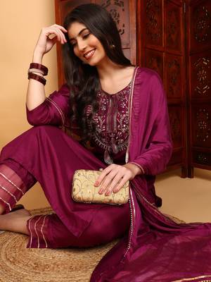 purple color embroidered silk blend styles kurta trouser with dupatta 2