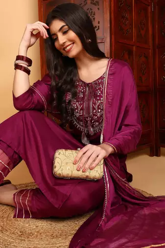 purple color embroidered silk blend styles kurta trouser with dupatta