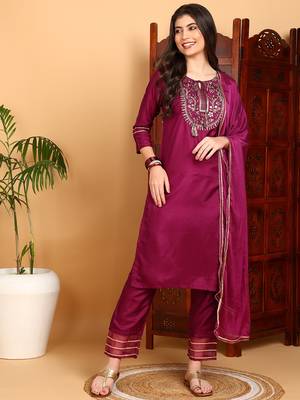 purple color embroidered silk blend styles kurta trouser with dupatta 1
