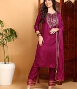 purple color embroidered silk blend styles kurta trouser with dupatta