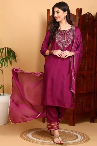 purple color embroidered silk blend styles kurta trouser with dupatta