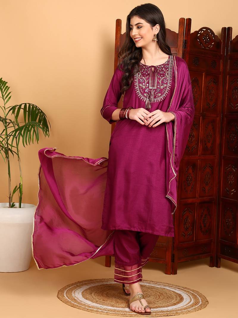 purple color embroidered silk blend styles kurta trouser with dupatta