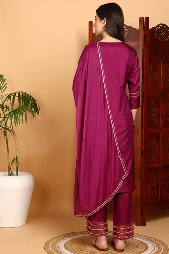 purple color embroidered silk blend styles kurta trouser with dupatta