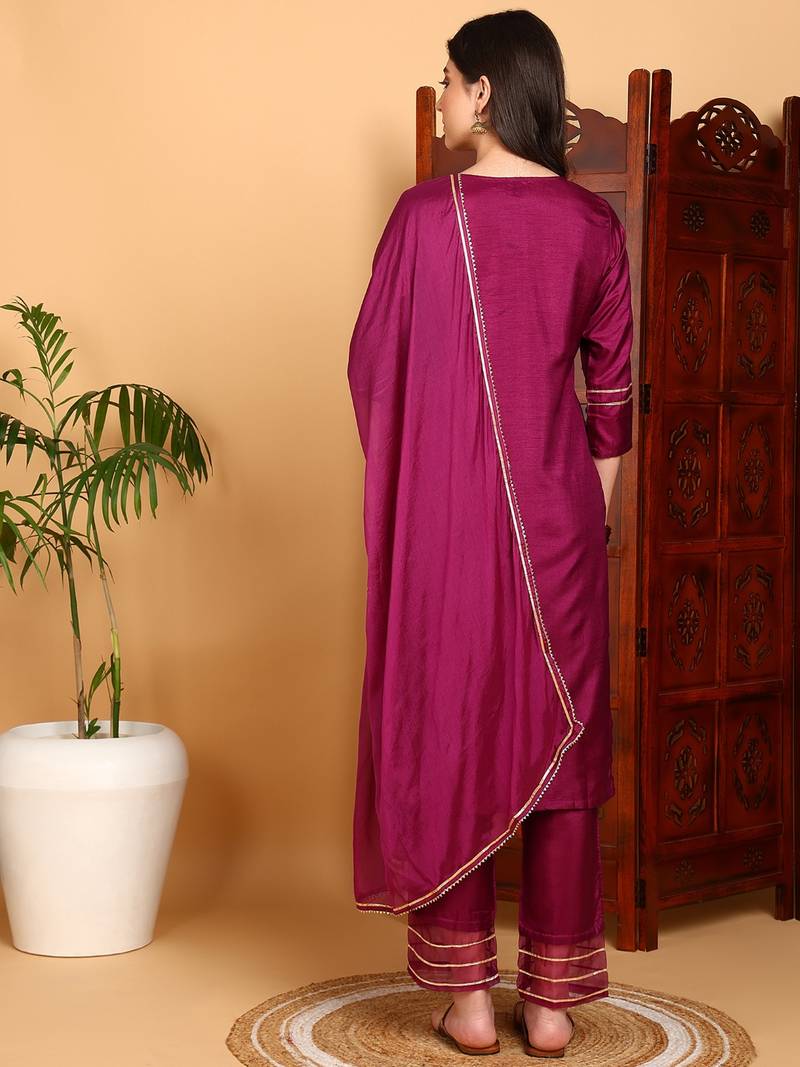 purple color embroidered silk blend styles kurta trouser with dupatta