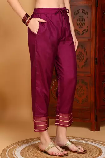 purple color embroidered silk blend styles kurta trouser with dupatta