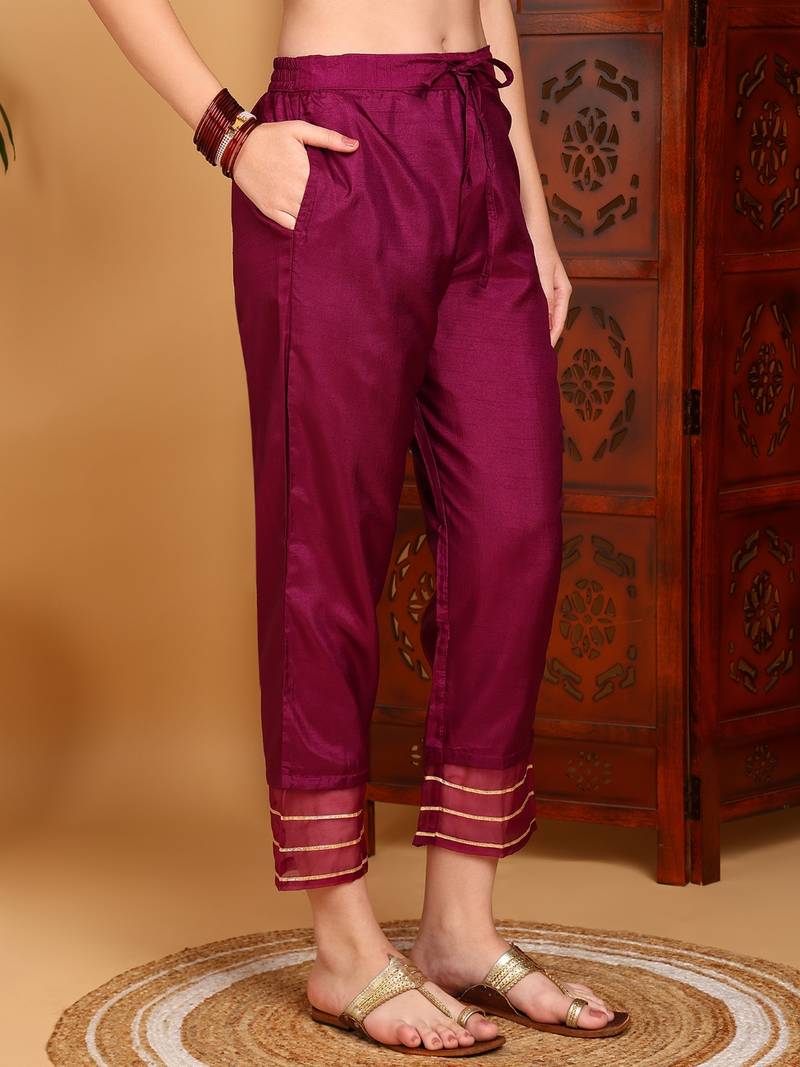 purple color embroidered silk blend styles kurta trouser with dupatta