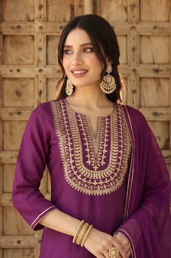 purple color embroidered silk blend styles kurta trouser with dupatta