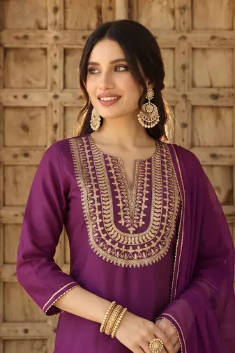 purple color embroidered silk blend styles kurta trouser with dupatta