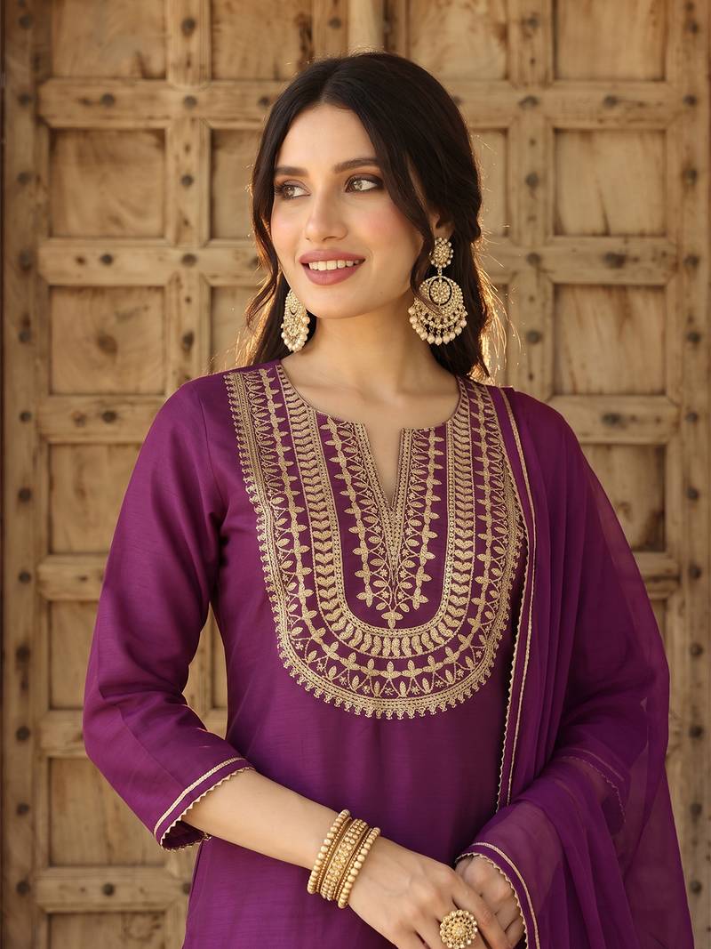 purple color embroidered silk blend styles kurta trouser with dupatta