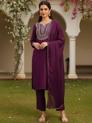 purple color embroidered silk blend styles kurta trouser with dupatta 1