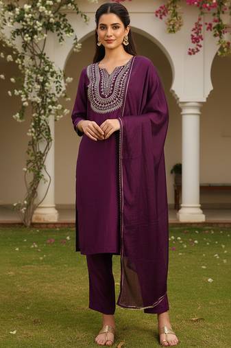 purple color embroidered silk blend styles kurta trouser with dupatta
